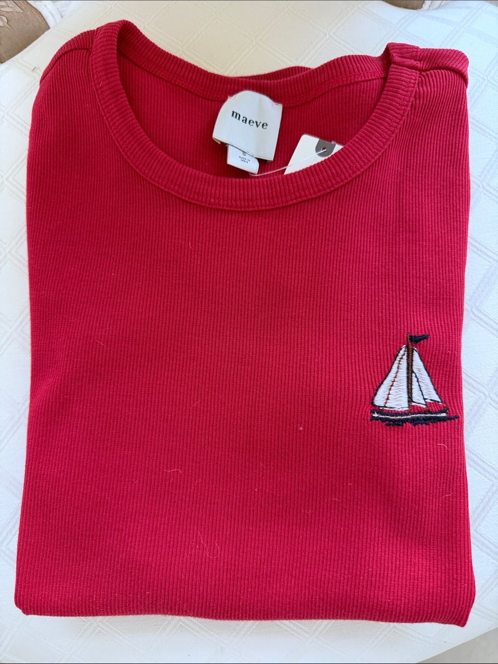 Anthropologie Maeve Red Ribbed Short-Sleeve Tee with Sailboat embroidery S NWT